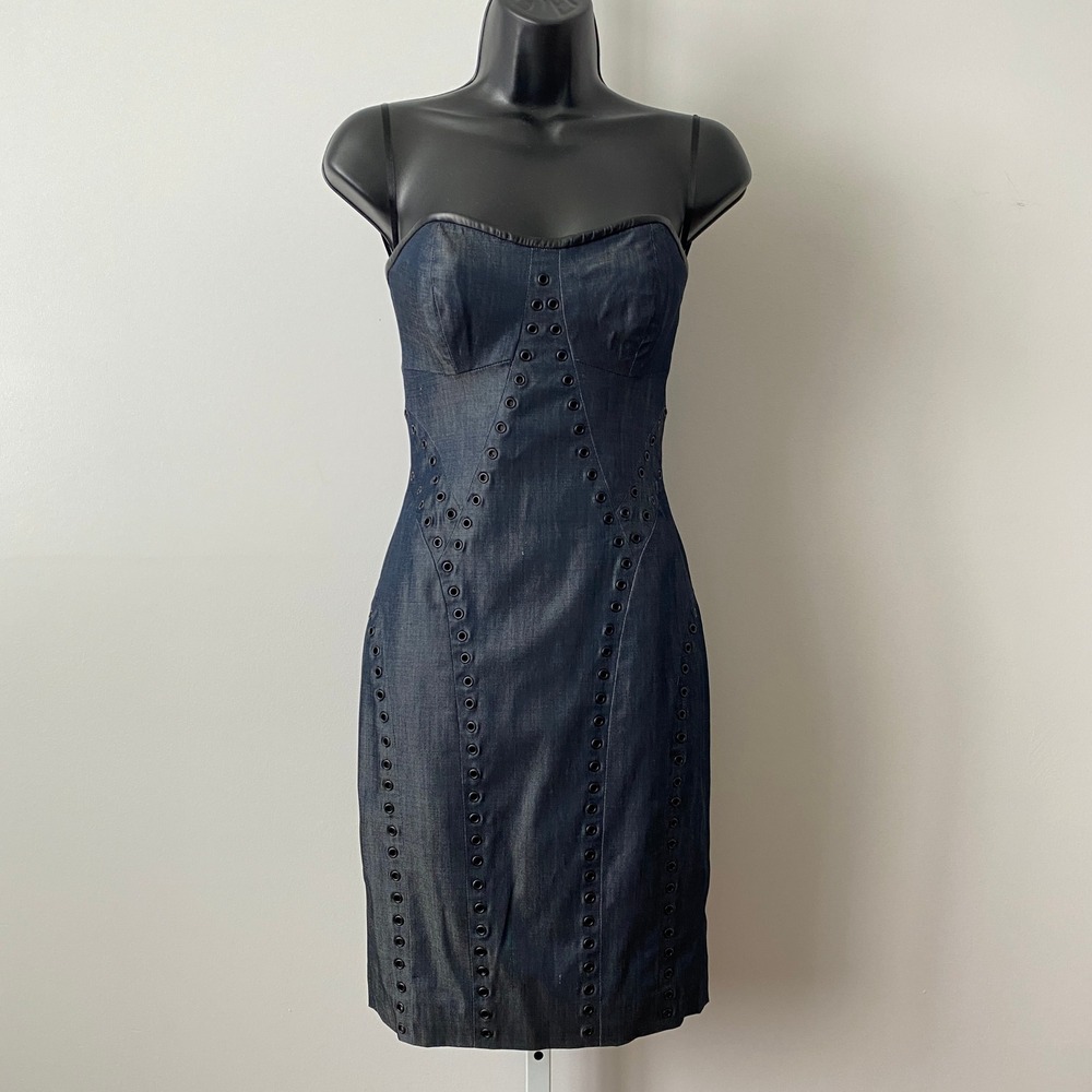 Rock Republic Y2K Emo Goth Grommet Eyelet Strapless Bodycon Dress 4 Blue